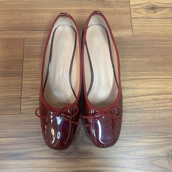 Unilady Burgundy Ballet Flats Size 11 Low Block Heel Bow Patent - Picture 2 of 8
